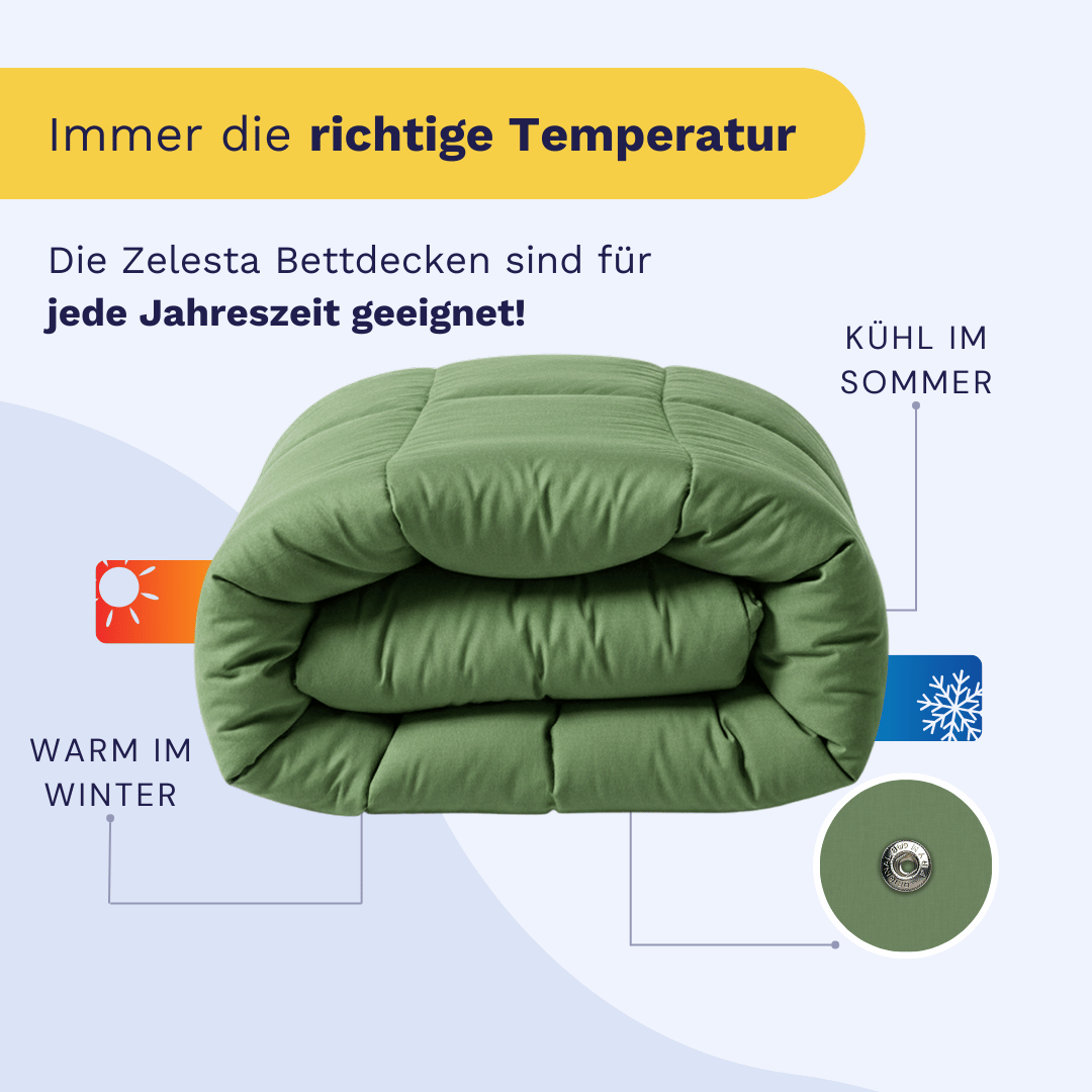 Das Zelesta Wonderbed 4 Seasons Double in Timeless Green hält Sie im Winter warm und im Sommer kühl und bietet so das ganze Jahr über Komfort.
