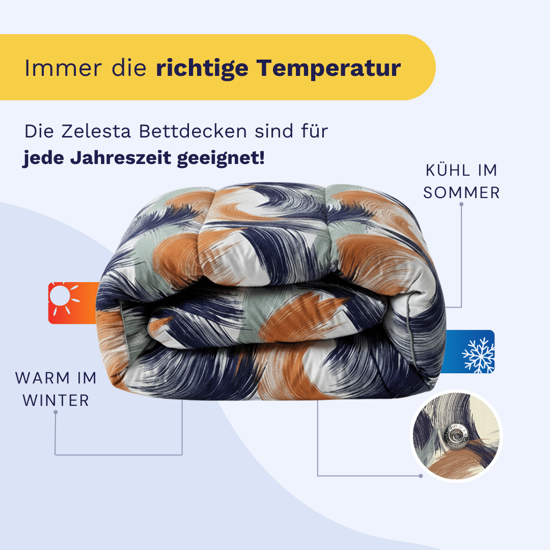 Das Zelesta Wonderbed 4 Seasons Double - Urban Brush ist eine gefaltete, gemusterte Bettdecke, die das ganze Jahr über ideal ist, mit Symbolen, die die Wärme des Winters und die Kühle des Sommers betonen.