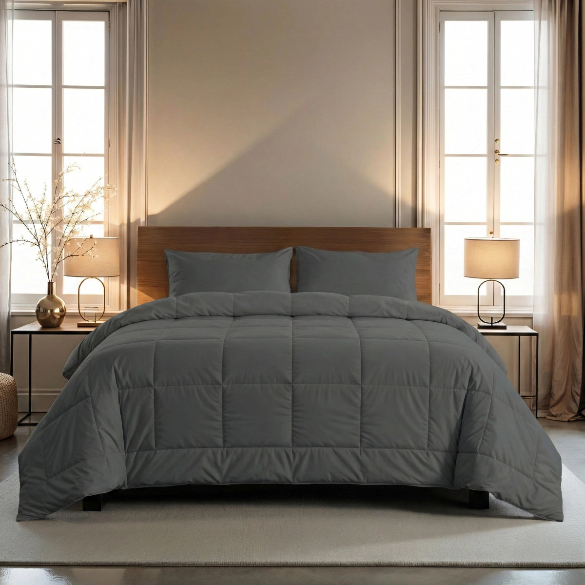 Ein Zelesta Wonderbed 4 Seasons Double in Stone Grey mit passenden Kissen und Bettdecke steht zwischen zwei Fenstern, begleitet von Nachttischen mit Lampen und einer dekorativen Pflanze.