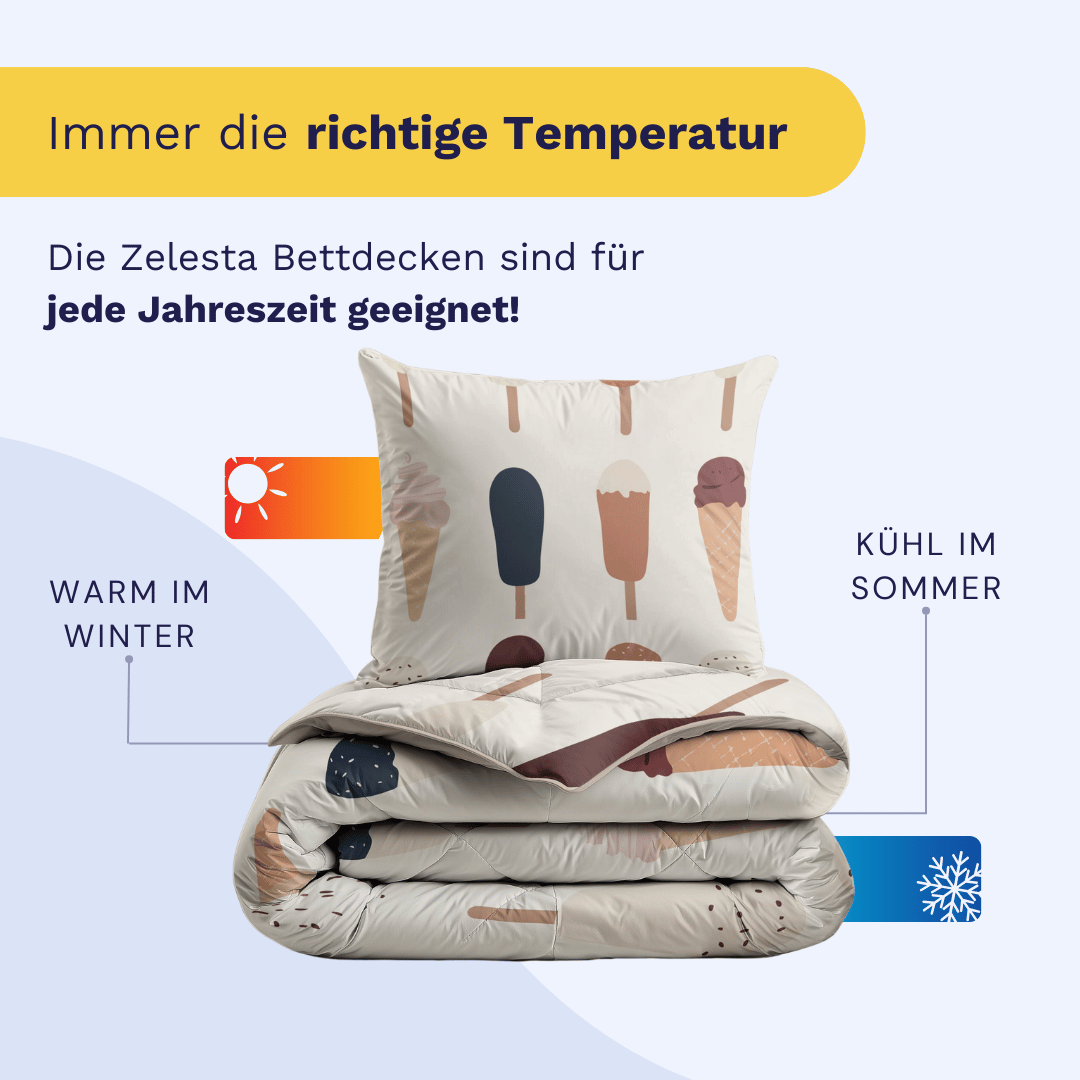 Die Zelesta Kiddybed Baumwolle - Gelato Bettdecke zeichnet sich durch ein verspieltes Eiscreme-Design aus, bietet Temperaturkontrolle für ganzjährigen Komfort, ist hypoallergen für Kinder und leicht zu waschen - die perfekte Ganzjahresbettwäsche.