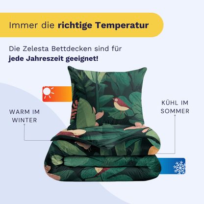 Das Zelesta Kiddybed Baumwolle - Jungle Journey ist mit Pflanzen- und Vogelmotiven bedruckt, hypoallergen, maschinenwaschbar und gewährleistet eine Temperaturregulierung für ganzjährigen Komfort - warm im Winter, kühl im Sommer.