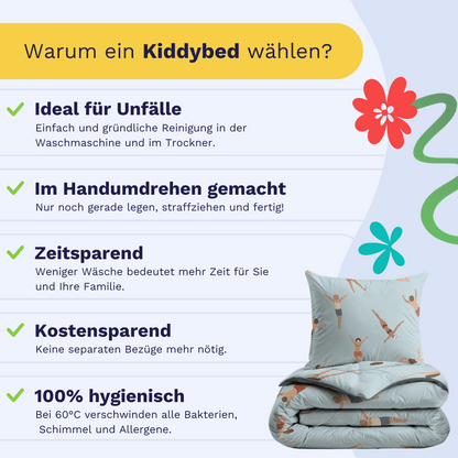 Infografik mit Vorteilen des Zelesta Kiddybed Baumwolle - Swimmers: leicht zu reinigen, schnell nutzbar, zeitsparend, kostensparend und hygienisch. Rechts ein zusammengelegtes Kiddybed mit Kindermotiv und hypoallergenem Bettzeug.