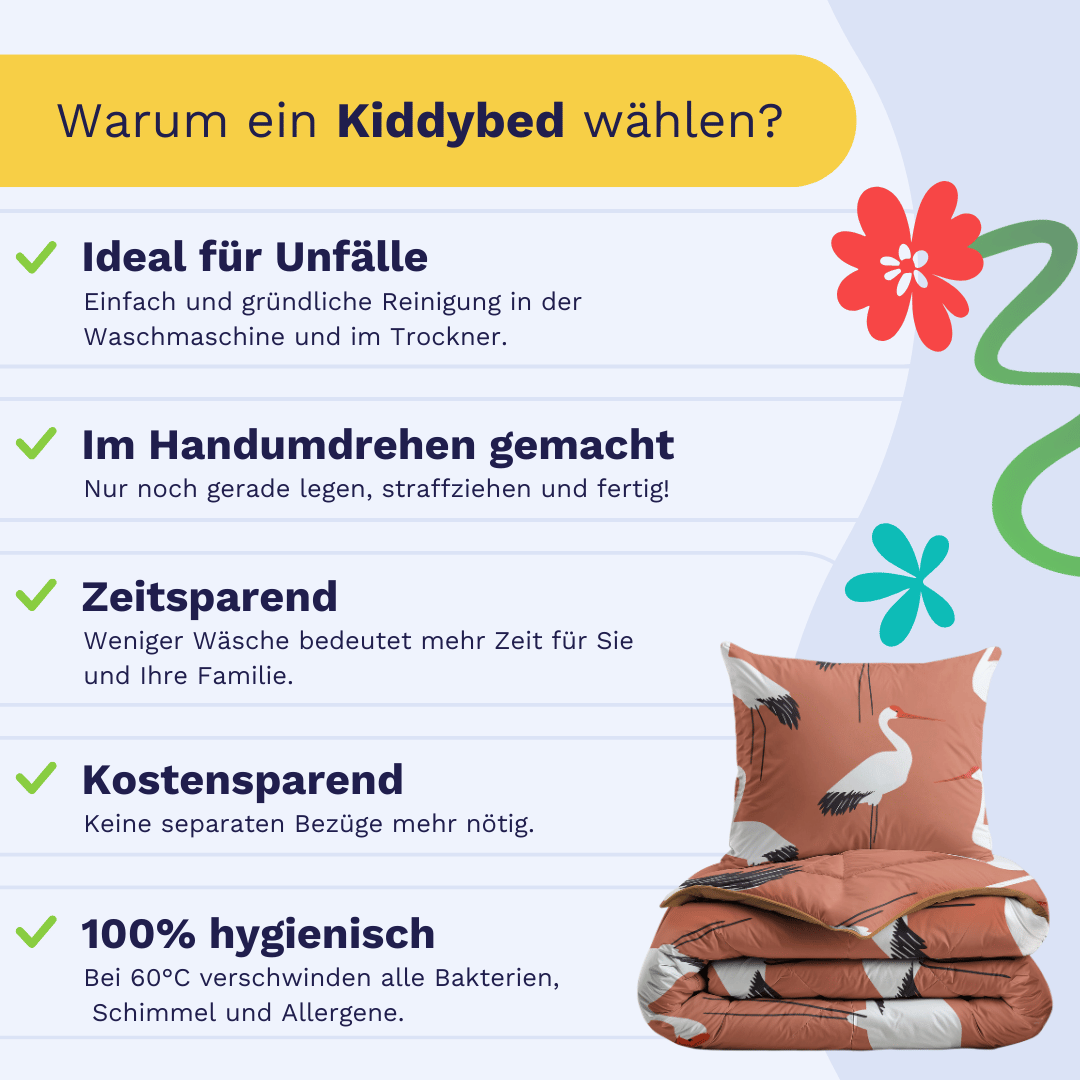 Infografik zu Vorteilen des Zelesta Kiddybed Baumwolle - Terra Crane: hypoallergen, waschbar, leicht zu reinigen, zeitsparend, kostensparend und hygienisch; Bett mit Vogel-Motiv-Bettwäsche abgebildet.
