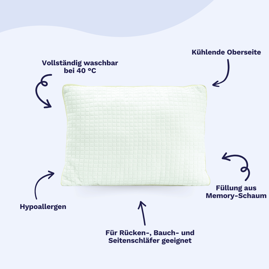 Das Zelesta Cooling Pillow - Memory Foam 50x70 cm ist hypoallergen, bei 40°C waschbar, für alle Schlafpositionen geeignet und bietet dank Blue Cell Technologie eine kühlende Wirkung.