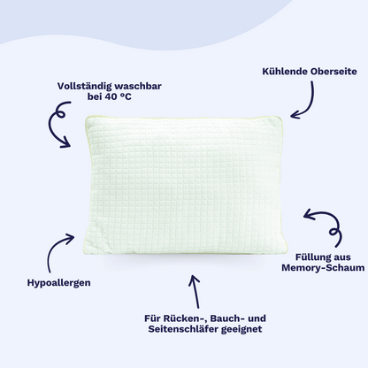 Das Zelesta Cooling Pillow - Memory Foam 50x70 cm ist hypoallergen, bei 40°C waschbar, für alle Schlafpositionen geeignet und bietet dank Blue Cell Technologie eine kühlende Wirkung.
