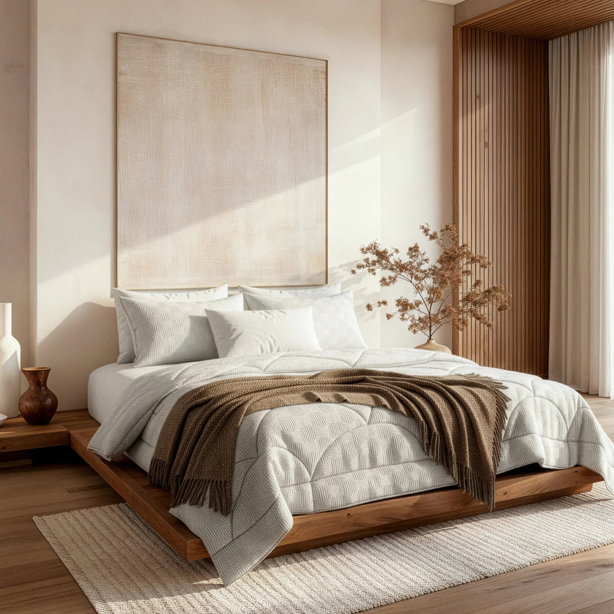 Ein modernes Schlafzimmer zeigt ein niedriges Holzbett mit neutraler Bettwäsche, einer braunen Decke, dekorativen Kissen, getrockneten Zweigen in einer Vase und der Zelesta Flanel Luxe - Creme temperaturregulierende Bettdecke, die durch große Fenster in natürliches Licht getaucht wird.