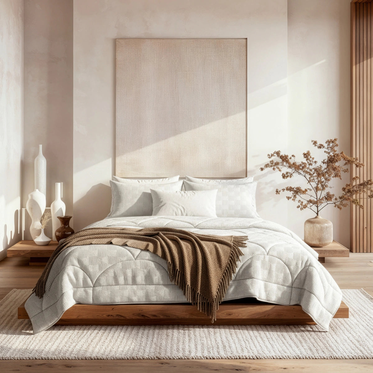 Ein ordentlich gemachtes Bett mit Zelesta Flanel Luxe - Creme Bettwäsche und einer braunen Decke steht in einem minimalistischen Schlafzimmer mit Holzakzenten, neutralem Dekor und natürlichem Licht.