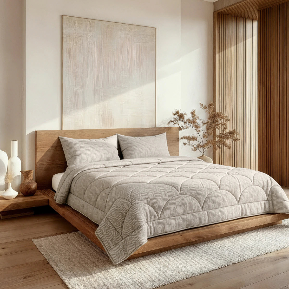 Ein modernes Schlafzimmer mit einem Holzpritschenbett, neutraler Bettwäsche, der Zelesta Flanel Luxe - Taupe & Grey 2-in-1-Bettdecke, großer abstrakter Wandkunst, einem beigen Teppich, dekorativen Vasen und einer getrockneten Pflanze im natürlichen Licht.