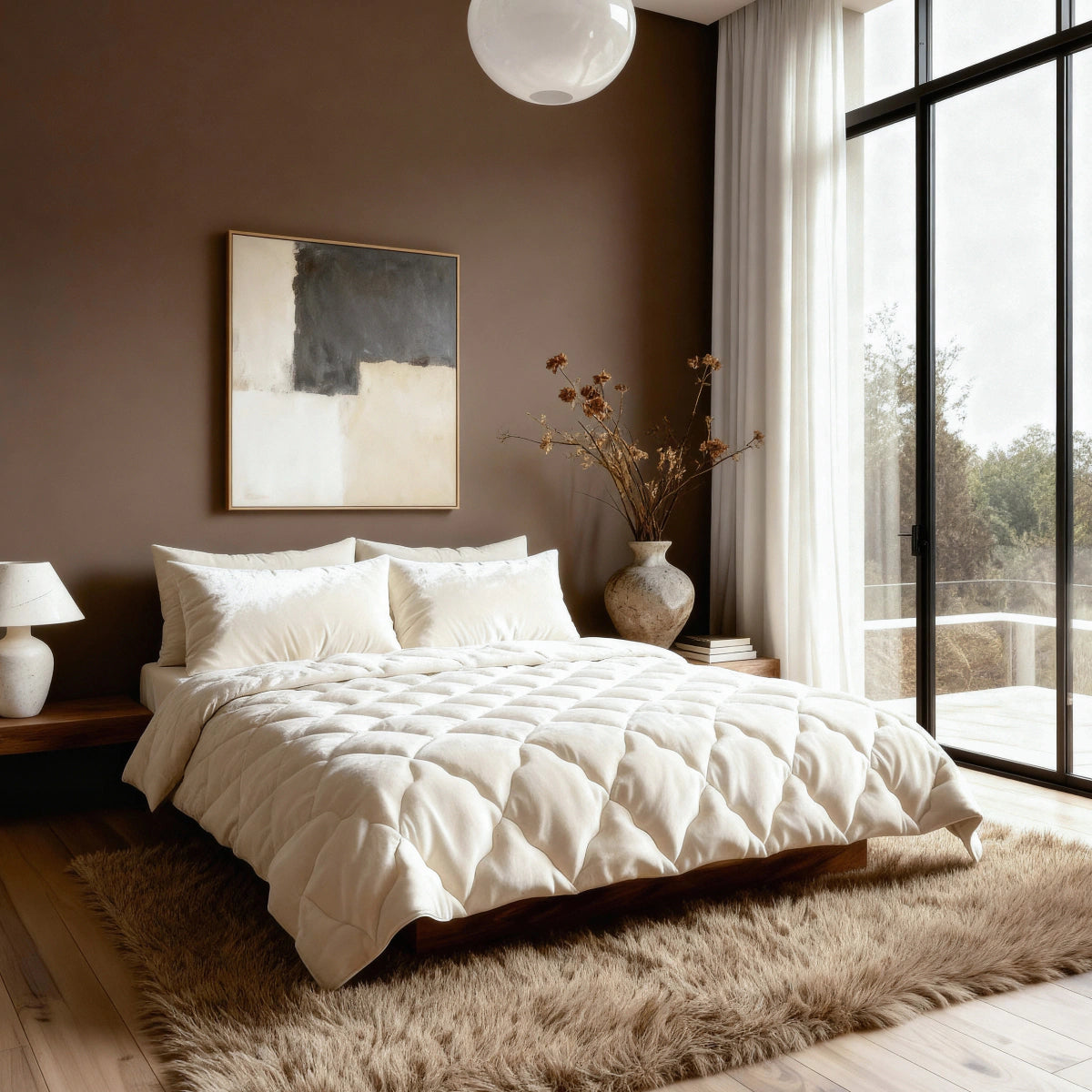 Ein ordentlich gemachtes Bett mit einem beigen Zelesta Flanel Uni-Bettwäsche-Set in einem modernen Schlafzimmer mit braunen Wänden, einem großen Fenster, abstrakter Kunst und dekorativen Vasen auf Holztischen.