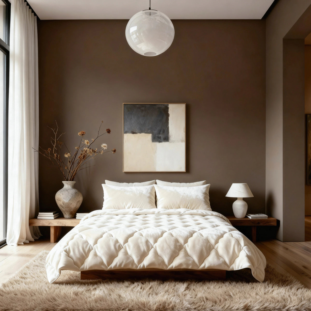 Ein modernes Schlafzimmer mit einem ordentlich gemachten Bett mit der Zelesta Flanel Uni - Beige temperaturregulierende Bettdecke, cremefarbener Bettwäsche, dunkelbraunen Wänden, abstrakter Wandkunst, einem zotteligen Teppich und minimalistischem Dekor mit einer Vase aus getrockneten Zweigen und einer Tischlampe.
