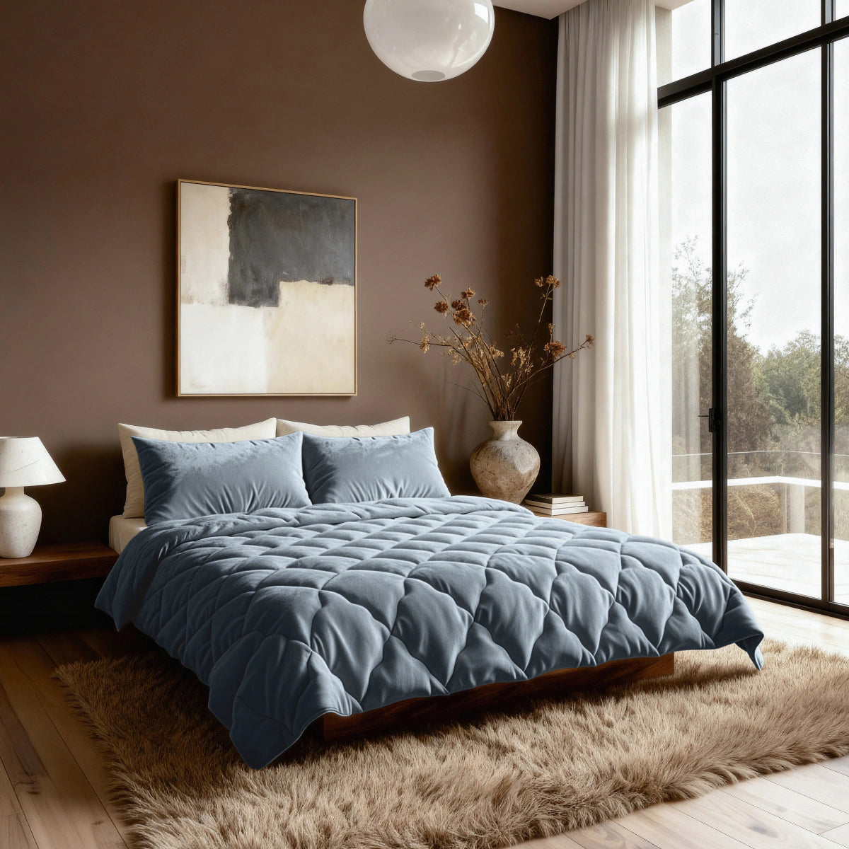 Ein modernes Schlafzimmer mit einem großen Bett mit der Bettdecke Zelesta Flanel Uni - Blue Mirage, einem Plüschteppich, abstrakter Wandkunst und bodentiefen Fenstern mit Blick auf einen Innenhof und üppiges Grün.