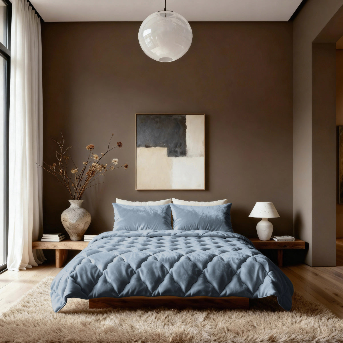 Ein modernes Schlafzimmer mit einem großen Bett, Zelesta Flanel Uni - Blue Mirage Bettwäsche, abstrakter Wandkunst, Holzmöbeln, einer dekorativen Vase, einer Tischlampe und einer großen runden Deckenleuchte.