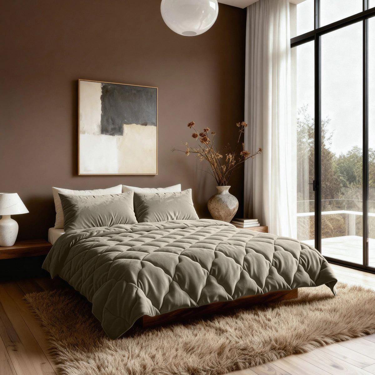 Ein modernes Schlafzimmer mit einem sauber gemachten Bett mit Zelesta Flanel Uni - Taupe-Bettwäsche, einer temperaturregulierenden Bettdecke, einem Zottelteppich, abstrakter Wandkunst, einer großen Keramikvase und bodentiefen Fenstern mit hellen Vorhängen, die auf einen Balkon blicken.