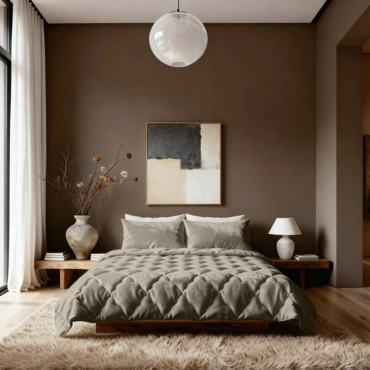 Ein modernes Schlafzimmer mit einer Zelesta Flanel Uni - Taupe Bettdecke auf einem niedrigen Bett, abstrakter Wandkunst, einer runden Deckenleuchte und einer minimalistischen Dekoration mit einer Vase mit getrockneten Zweigen und einer Tischlampe.