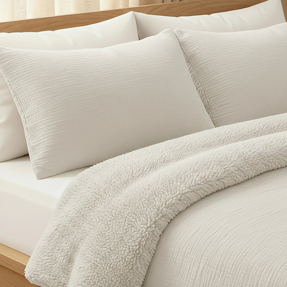 Ein ordentlich gemachtes Bett mit zwei beigen Teddy Baumwolle Mousseline Kissenbezügen, einem strukturierten weißen Bettbezug und einer flauschigen weißen Decke in einem Holzrahmen - perfekt für gemütlichen Komfort.