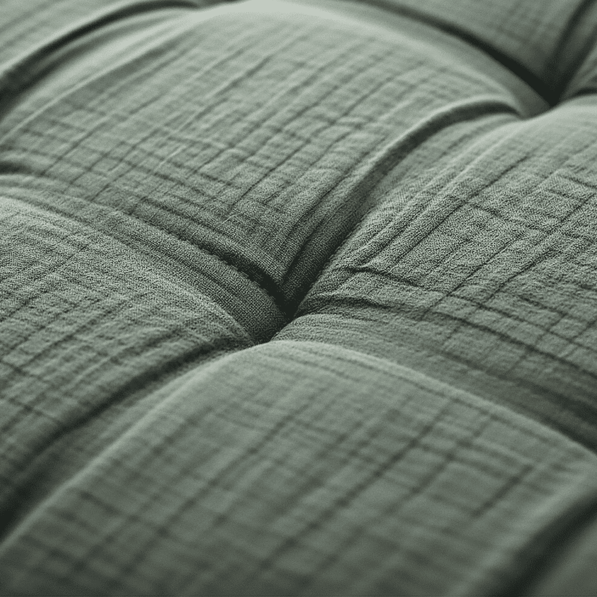 Nahaufnahme des Zelesta Teddy Baumwolle Musselin - Green Kissens, mit seinem getufteten Design, den sichtbaren Nähten und der weichen, strukturierten Oberfläche aus hochwertiger Musselin Baumwolle.