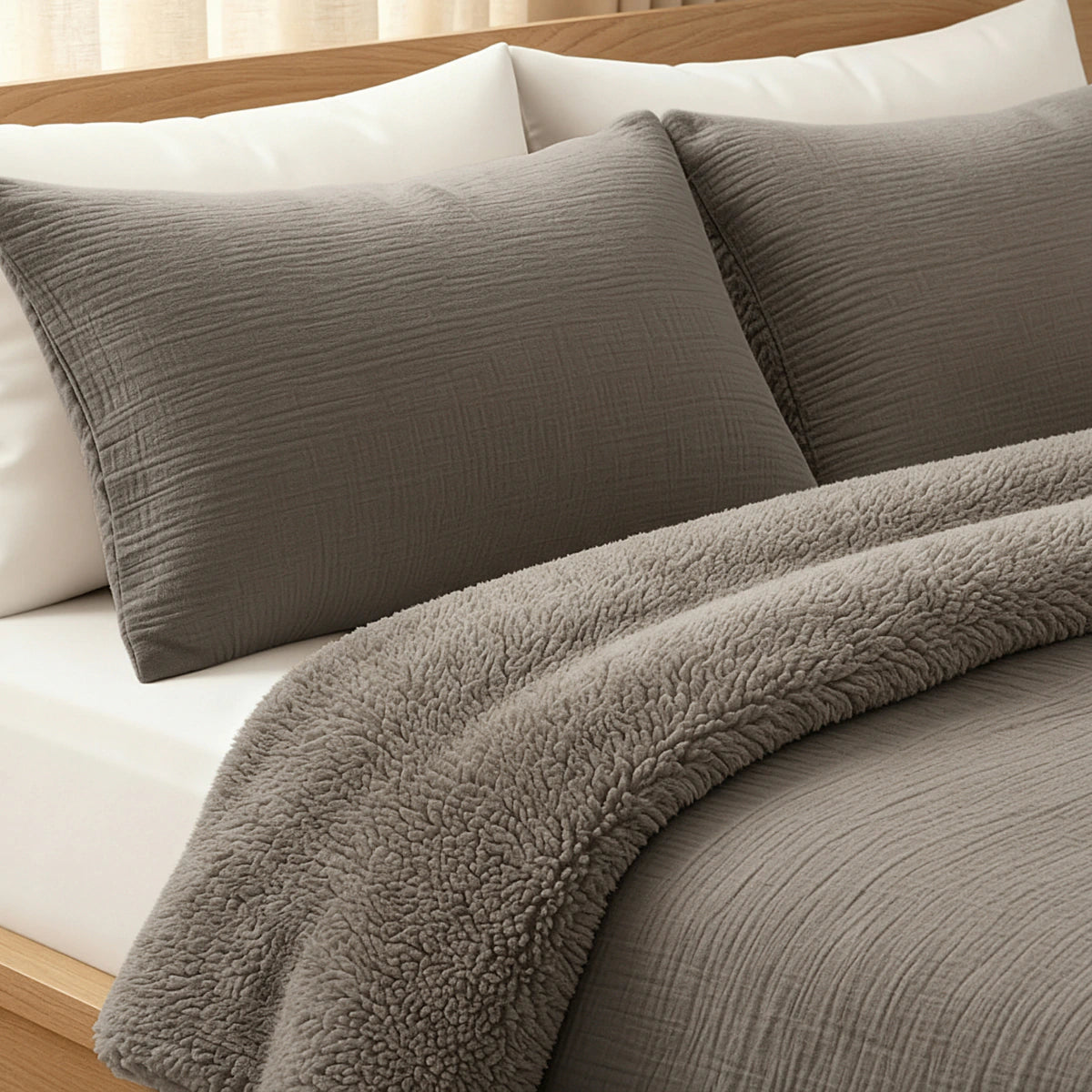 Ein ordentlich gemachtes Bett mit taupefarbenen Teddy Baumwolle Mousseline Kissenbezügen Set von 2 und einer passenden Bettdecke, gekrönt mit einer plüschigen grauen Sherpa-Decke, vor einem hölzernen Kopfteil - perfekt für gemütlichen Komfort.