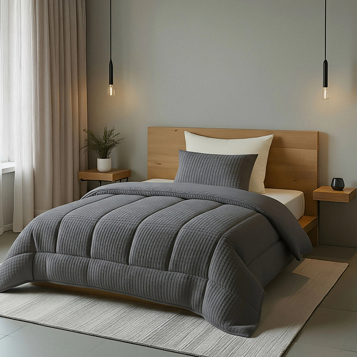 Ein ordentlich gemachtes Bett mit der Bettdecke und dem Kissen Teddy Check - Anthrazit von Zelesta, mit einem Kopfteil aus Holz, Beistelltischen, Hängelampen und einer Pflanze in einem minimalistischen Schlafzimmer.