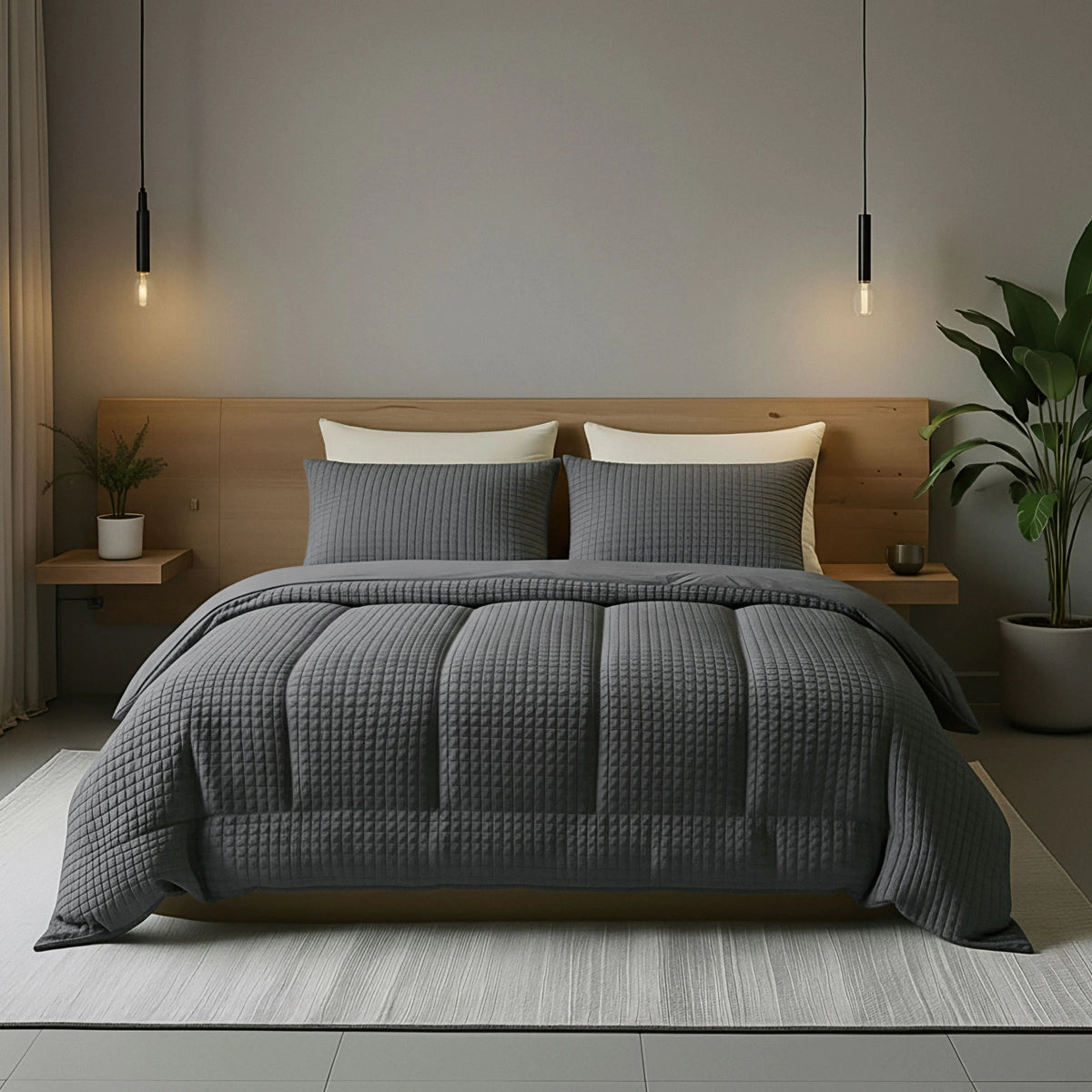 Ein ordentlich gemachtes Bett mit der Bettdecke Zelesta Teddy Check - Anthrazit, zwei Kissen, einem hölzernen Kopfteil, zwei Hängelampen, einer Topfpflanze und einem neutralfarbenen Teppich.