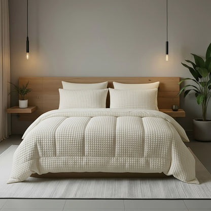 Ein modernes Schlafzimmer mit einem hübsch gemachten Bett mit der Bettwäsche Zelesta Teddy Check - Créme, zwei Kissen, einem Kopfteil aus Holz, Hängelampen und einer großen Topfpflanze.