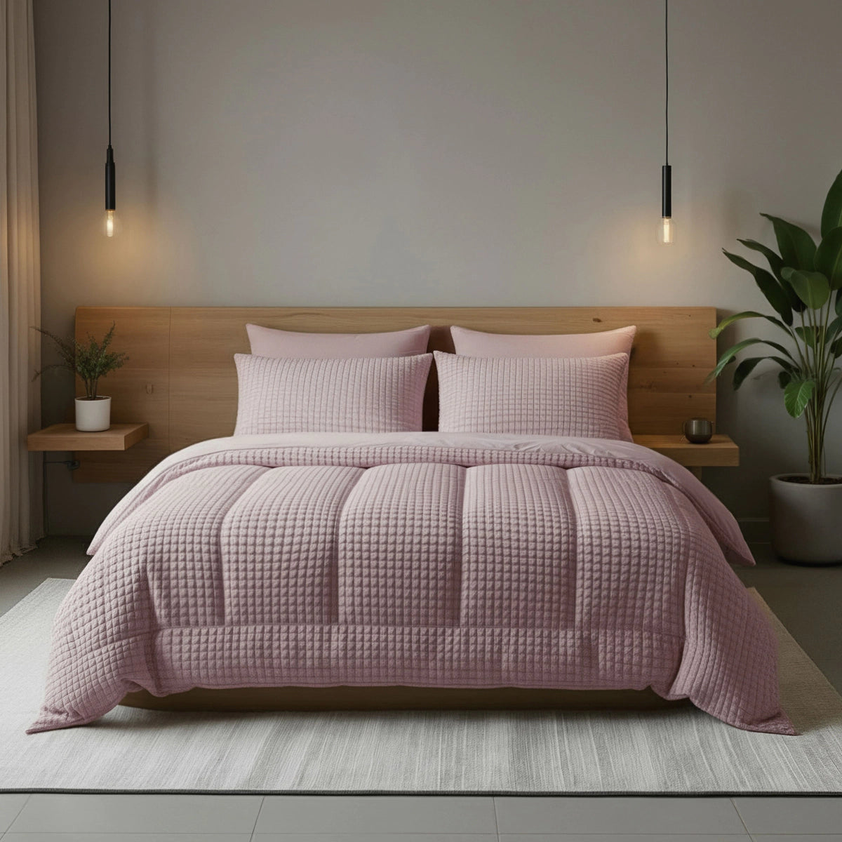 Ein modernes Schlafzimmer mit einem ordentlich gemachten Bett mit der Zelesta Teddy Check - Old Pink Bettdecke und Kissen, einem hölzernen Kopfteil, Hängeleuchten, einer Topfpflanze und minimalem Dekor.