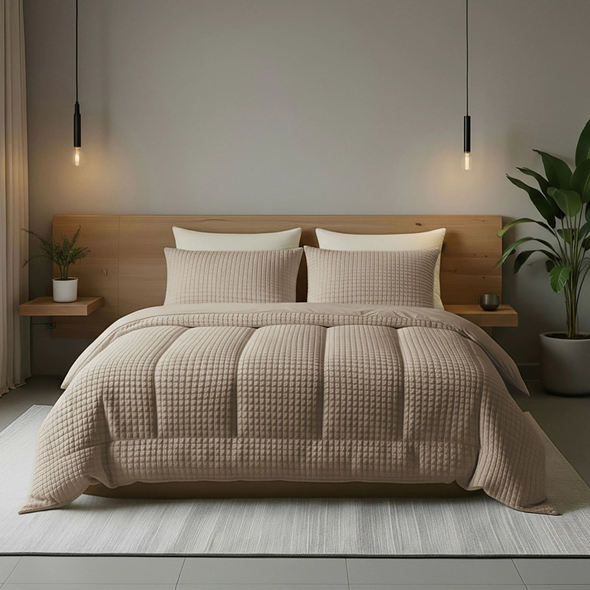 Ein modernes Schlafzimmer mit einem hübsch gemachten Bett mit der gemütlichen Bettwäsche Zelesta Teddy Check - Taupe, zwei Kissen, einem Kopfteil aus Holz, Hängelampen und einer Topfpflanze in der Ecke.